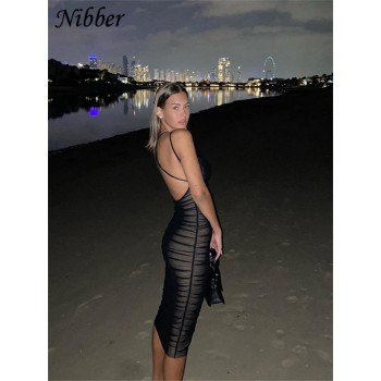 Nibber Sexy Mesh Pleated Long Prom Dresses For Women's Clothing Solid Color Beach Party Wear Midi Wrap Dress Street Outfit